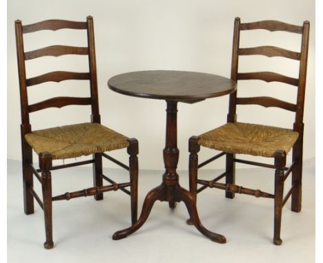 19TH CENTURY OAK TRIPOD TABLE &amp; PAIR OAK &amp; RUSH SEATED SIDE CHAIRS (3)