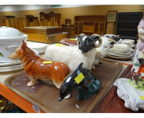 CERAMIC ANIMAL FIGURINES including bulls, sheep, corgi, dolphin etc