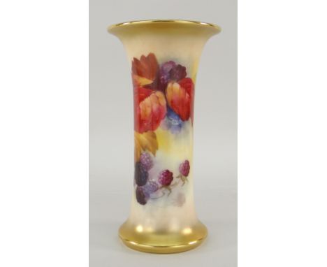 ROYAL WORCESTER CYLINDRICAL FLARED VASE hand painted with autumnal berries and foliage by Kitty Blake, signed to the reverse,