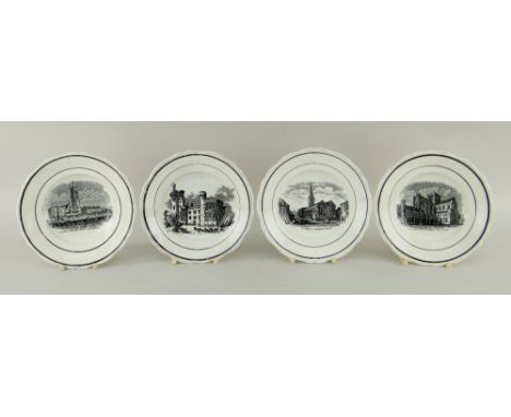 WELSH DISHES including four Cambrian Pottery printed nursery plates, one of Winchester Cathedral, 15cms diameterone plate has
