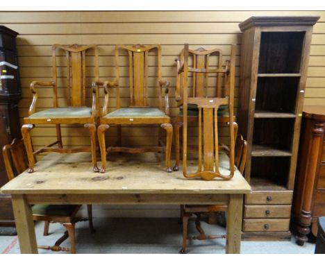 MODERN LIGHT WOOD RUSTIC DINING TABLE, together with 4+2 vintage chairs, and a narrow bookcase with drawer base