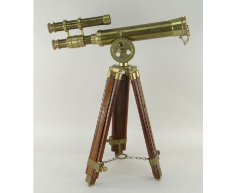 REPRODUCTION BRASS 9 1/4 INCH TELESCOPE ON EXTENDING WOOD TRIPOD STAND, telescope 38cms long