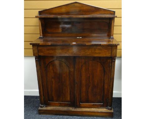 REGENCY ROSEWOOD CHIFFONIER SHELF STAGE BACK, ARCHED PANELED CUPBOARDS, 92 x 39 x 132cms