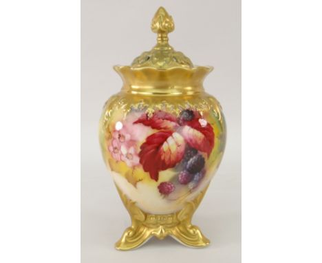 ROYAL WORCESTER POT POURRI VASE AND COVER RAISED ON TRIPOD BASE, hand painted with autumnal berries and foliage by Kitty Blak