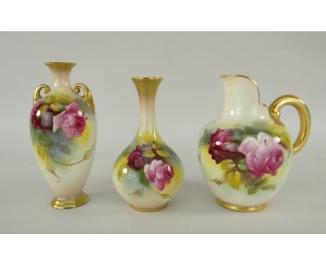 THREE ROYAL WORCESTER ITEMS comprising small twin-handled vase, hand painted with roses signed 'M Hunt', shape number 287/H, 