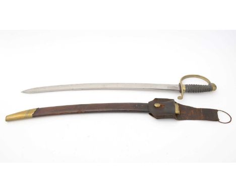 A 19th Century short sword, probably naval, the curved 60cms blade with partial double-edge towards tip end, the hilt with br