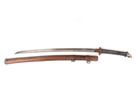 A Second World War Japanese Officer's katana, the 69cms curved single edged blade with wavy hamon, on a signed tang covered b