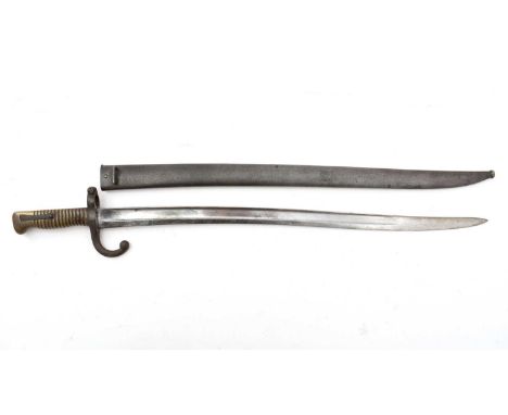 A French 19th Century Chassepot rifle bayonet, the 57cms shaped single edged blade with long fuller, the back engraved with C