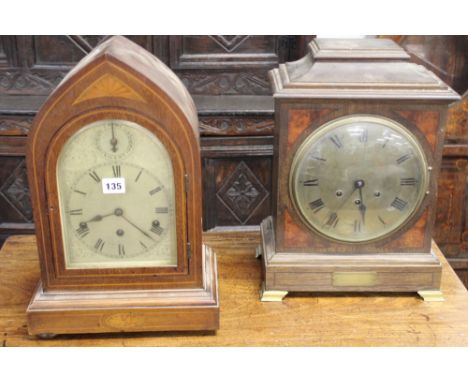 AN EDWARDIAN MAHOGANY AND INLAID BRACKET CLOCK WITH THREE TRAIN CHIMING MOVEMENT TOGETHER WITH A FURTHER BRACKET CLOCK WITH P