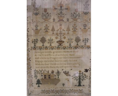 AN EARLY 19TH.C. SAMPLER WITH ORNAMENTAL FLORAL SECTION ABOVE VERSE AND LOWER LANDSCAPE PANEL WITH FIGURES, BIRDS AND ANIMALS
