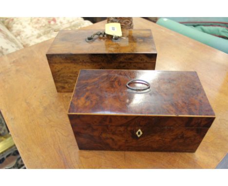 A RARE 19TH.C.BURR YEW WOOD TEA CADDY AND A FURTHER REGENCY CADDY