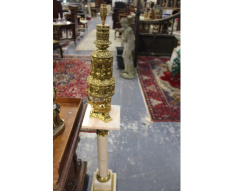 A GILT BRASS AND MARBLE TORCHERE WITH ASSOCIATED BRASS LAMP