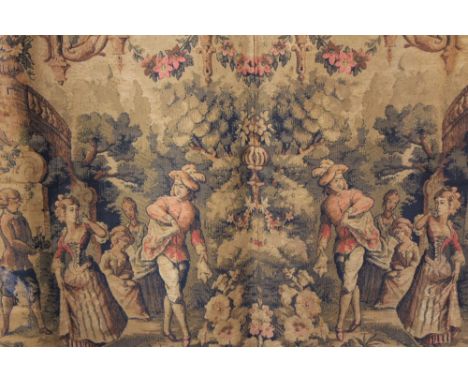 A BRUSSELS TYPE TAPESTRY PANEL OF FLOWERS AND FIGURES IN A GARDEN SETTING.