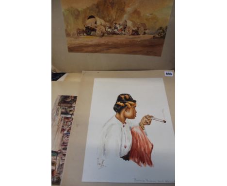 A GROUP OF COLONIAL FAR EASTERN LANDSCAPE WATERCOLOURS AND DRAWINGS, SOME WITH FIGURES, PROBABLY BURMA AND SOUTH EAST ASIA.