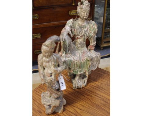 TWO CHINESE CARVED WOOD FIGURES OF DEITIES.