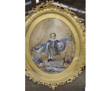 A VICTORIAN OVAL MINIATURE WATERCOLOUR PORTRAIT OF A CHILD, THE SUBJECT IS POSED WITH TOY SOLDIERS AND OTHER PLAYTHINGS, IN G