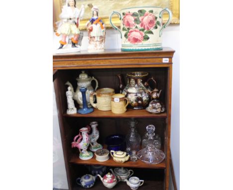 A COLLECTION OF VARIOUS 19TH.C.AND LATER TEA POTS, STAFFORDSHIRE FIGURES, GLASSWARES TOGETHER WITH A LARGE WEYMSS TYG AND A R