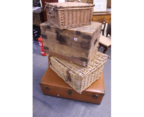 A LARGE WICKER LAUNDRY HAMPER, PINE BOX, A TRAVEL TRUNK,ETC