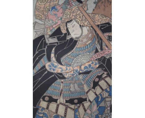AN EASTERN WATERCOLOUR OF A CITYSCAPE WITH EXTENSIVE INSCRIPTION AND A JAPANESE WOODBLOCK PRINT