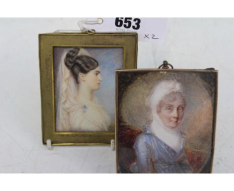 A MID 19TH.C. MINIATURE WATERCOLOUR PORTRAIT OF A YOUNG LADY IN PROFILE WEARING A SCARF AND WHITE DRESS AND ANOTHER OF A SEAT