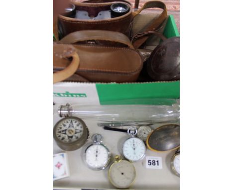 A PAIR OF ZEISS BINOCULARS, A HUNTING FLASK, A TELESCOPE, A POCKET BAROMETER,ETC