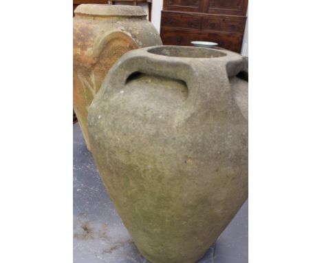 A LARGE POTTERY "ALI BABA" GARDEN URN- PROBABLY COMPTON POTTERIES TOGETHER WITH A LARGE TERRACOTTA GARDEN URN