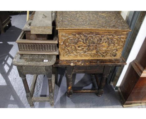 TWO 19TH.C.SIDE TABLES, A CARVED PINE LOG BOX, A WALL BRACKET/CABINET,ETC