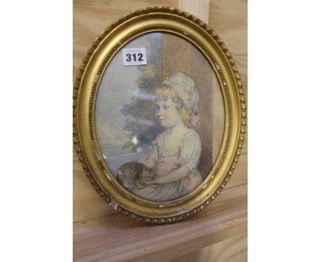 A SMALL 19TH.C.WATERCOLOUR PORTRAIT OF A YOUNG GIRL WITH KITTEN ATTRIBUTED INDISTINCTLY VERSO