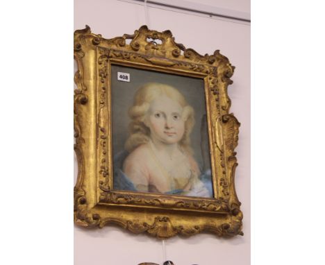 AN 18TH.C.CONTINENTAL SCHOOL PORTRAIT STUDY OF A GIRL IN GILTWOOD CARVED FRAME