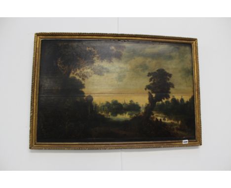 AN OLD MASTER OIL ON PANEL RIVERSIDE VILLAGE WITH CHURCH