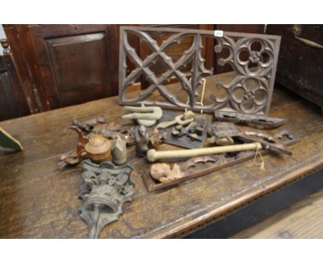 A QUANTITY OF 19TH.C.CARVED ELEMENTS TO INCLUDE A GOTHIC TRACERY PANEL, A HALL BRACKET,ETC