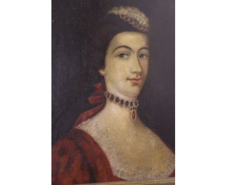 AN 19TH.C.OIL ON CANVAS PORTRAIT OF A LADY WITH JEWELLED CHOKER