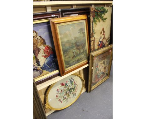 FIVE 19TH.C.AND LATER EMBROIDERED PANELS TOGETHER WITH A MAPLE FRAMED PRINT.