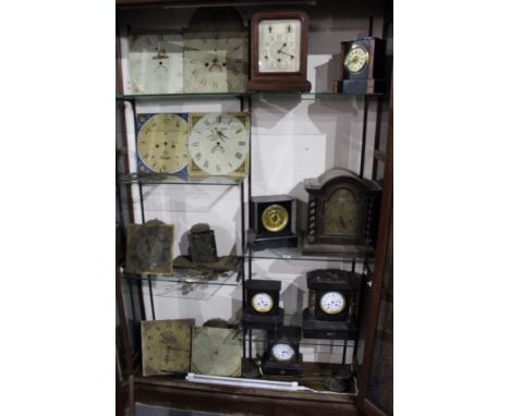 A COLLECTION OF FOUR 18TH/19TH.C.LONG CASE CLOCK MOVEMENTS, VARIOUS BRASS AND PAINTED DIALS TOGETHER WITH FIVE VICTORIAN MANT