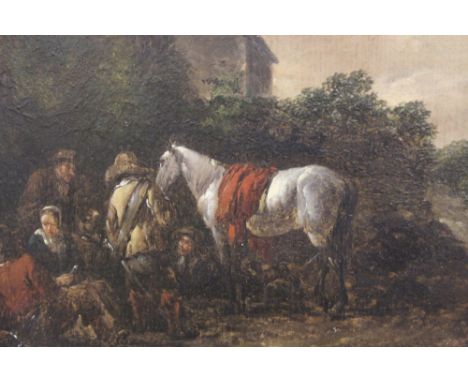 AN OLD MASTER OIL ON PANEL DEPICTING HORSEMAN AND VILLAGERS ATTRIBUTED TO BAREND GAEL