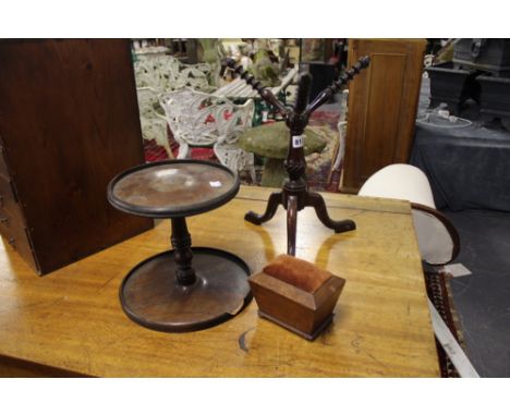 A 19TH.C.MAHOGANY TRIPOD PLATE STAND, A SARCOPHAGUS FORM TEA CADDY,ETC