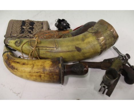 A VICTORIAN MILITARY CROSS BELT POUCH, FOUR VARIOUS POWDER HORNS, A TINDER LIGHTER AND AN ENFIELD MULTI TOOL.