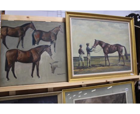 AN OIL ON CANVAS PORTRAIT STUDY OF A HORSE WITH RIDER AND GROOM BY RICHARD DUPONT TOGETHER WITH OIL ON CANVAS SKETCH STUDIES 