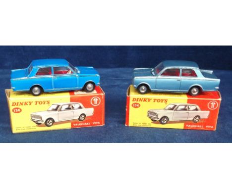 Dinky Toys 136 Vauxhall Viva, two examples, one light metallic blue, one dark metallic blue, both red interior, spun hubs, in