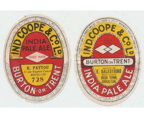 Beer labels, Ind Coope & Co Ltd, Burton on Trent, bottled by R Pattou of Brussels and Balestrino, Gibraltar, (v.o's), (edge n