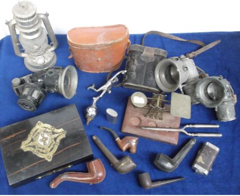 Collectables, mixed selection of vintage items inc cycle lamps, 2 pairs of binoculars, brass postal scales, brass decorated b