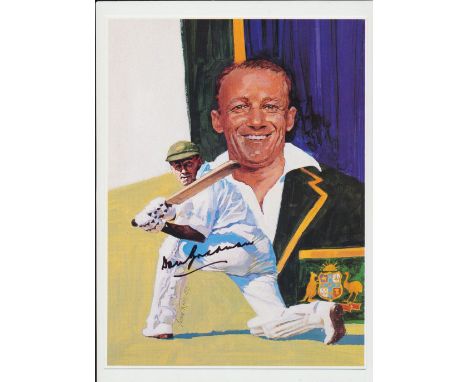 Cricket Autograph, an artist-drawn printed image on card showing Don Bradman in action and portrait style by Ivan Rose 1983 w