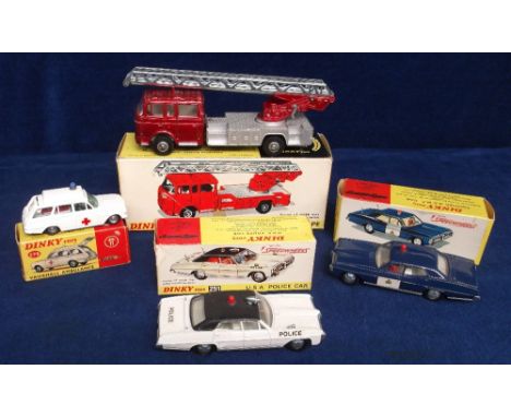 Dinky Toys Emergency Service Vehicles, 956 Turntable Fire Escape, 278 Vauxhall Ambulance, 251 U.S.A Police Car, 252 Pontiac R