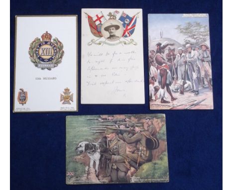 Postcards, a small selection of 32 Military cards on album leaves inc. Boer War (Baden Powell), A.S.C, Regimental, Badge (Gal