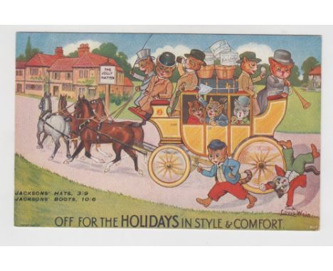 Postcard, Louis Wain illustrated card 'Off for the Holidays in Style & Comfort' advert for Jacksons' Hats & Boots, depicting 
