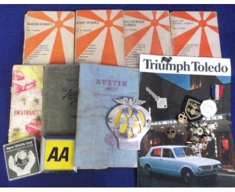 Motoring, two AA car badges plus AA kiosk key, World Wildlife Fund car badge, three booklets, 'Austin Mini Drivers Handbook',