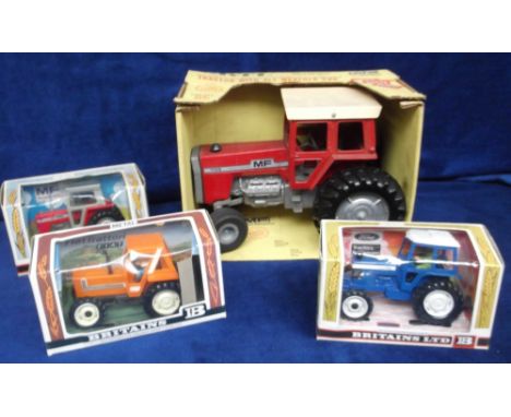 Britains 9528 Fiat 880 DT Tractor, 9522 Massey Ferguson 595 Tractor, 9524 Ford TW-20 Tractor, Ertl large scale aluminium 183 