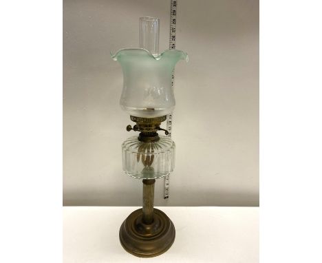 A antique oil lamp with glass reservoir and etched glass shade and chimney h67cm, shipping unavailable 