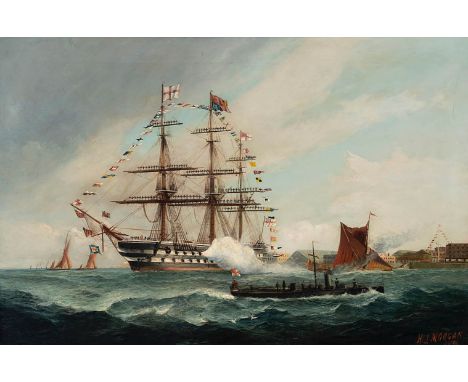 HENRY J. MORGAN (England, 1839-1917)."HMS Duncan at Sheerness," 1891.Oil on canvas.Signed and dated in the lower right corner