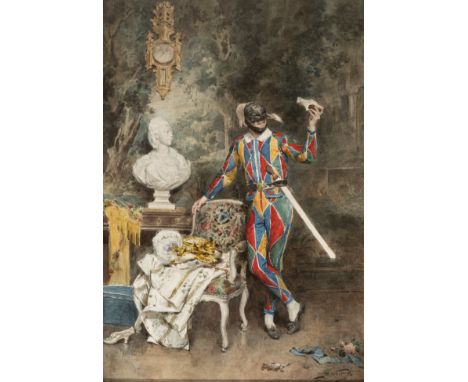 JULES WORMS (France, 1832 - 1914)."Harlequin."Gouache and watercolor on paper.Presents frame circa 1900.Signed in the lower r